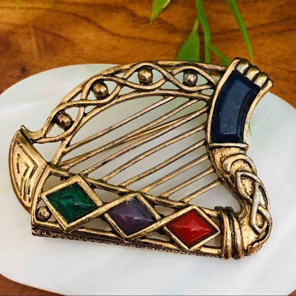 Vintage Sol D’Or Irish Harp Pin Brooch Soldor Colorful Red Green Purple 4294